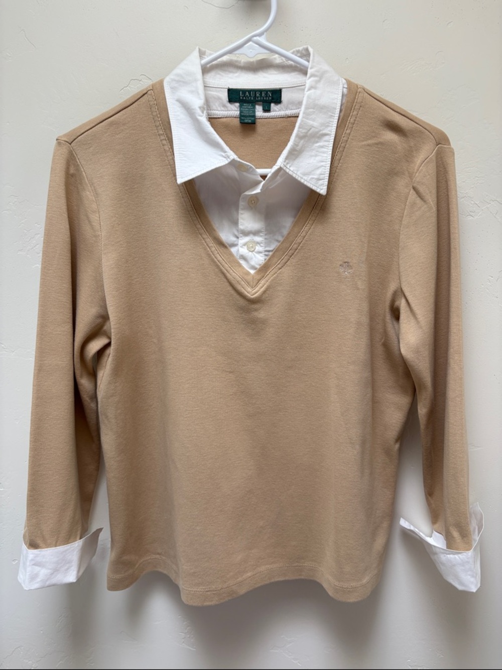 Lauren Ralph Lauren Tan V‑Neck Pullover with White Faux Shirt Detail